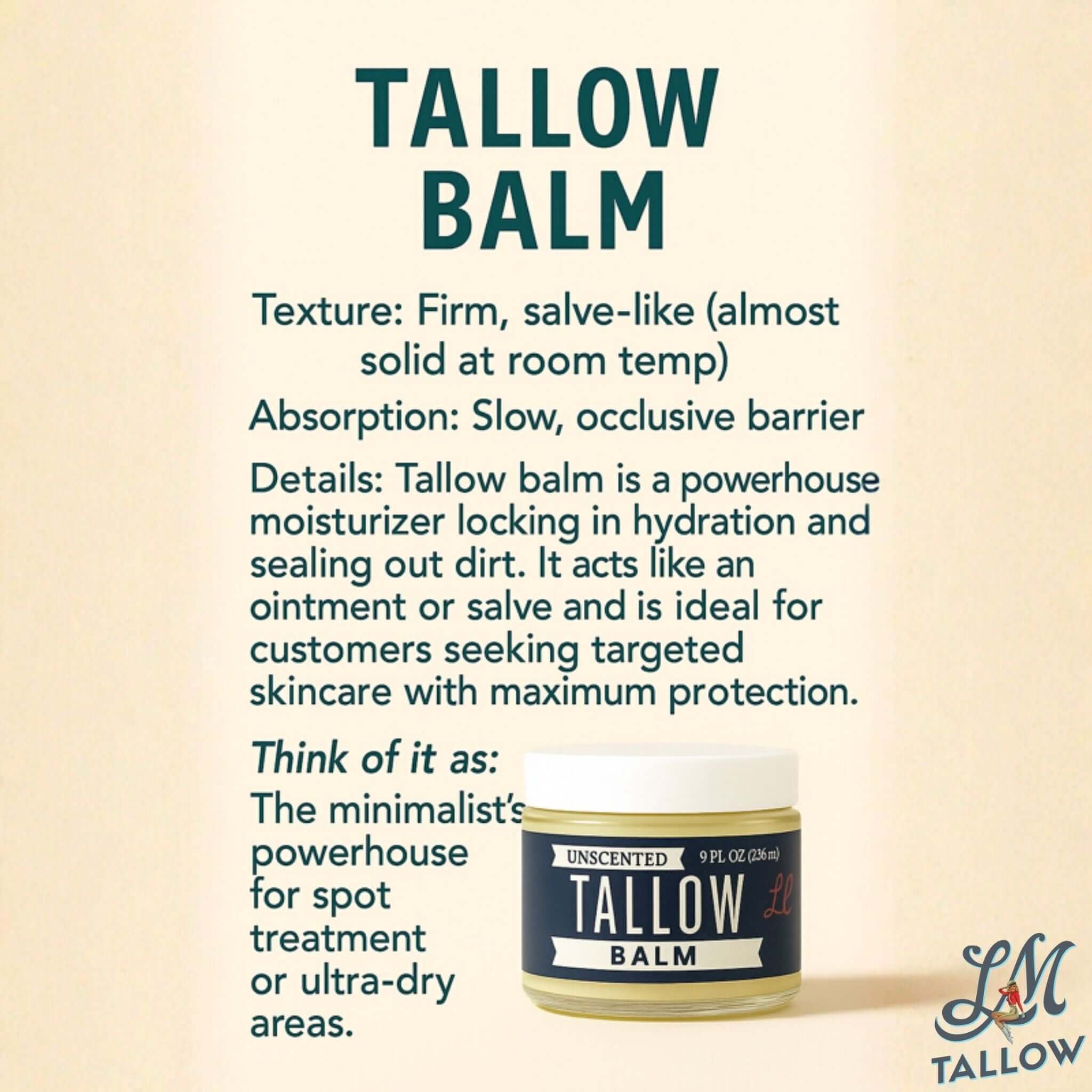 Unscented Tallow Balm | Natural Beef Tallow Vitamin E, Jojoba Moisturizer for Face & Body |Clean, Preservative-Free Skincare by Lady May